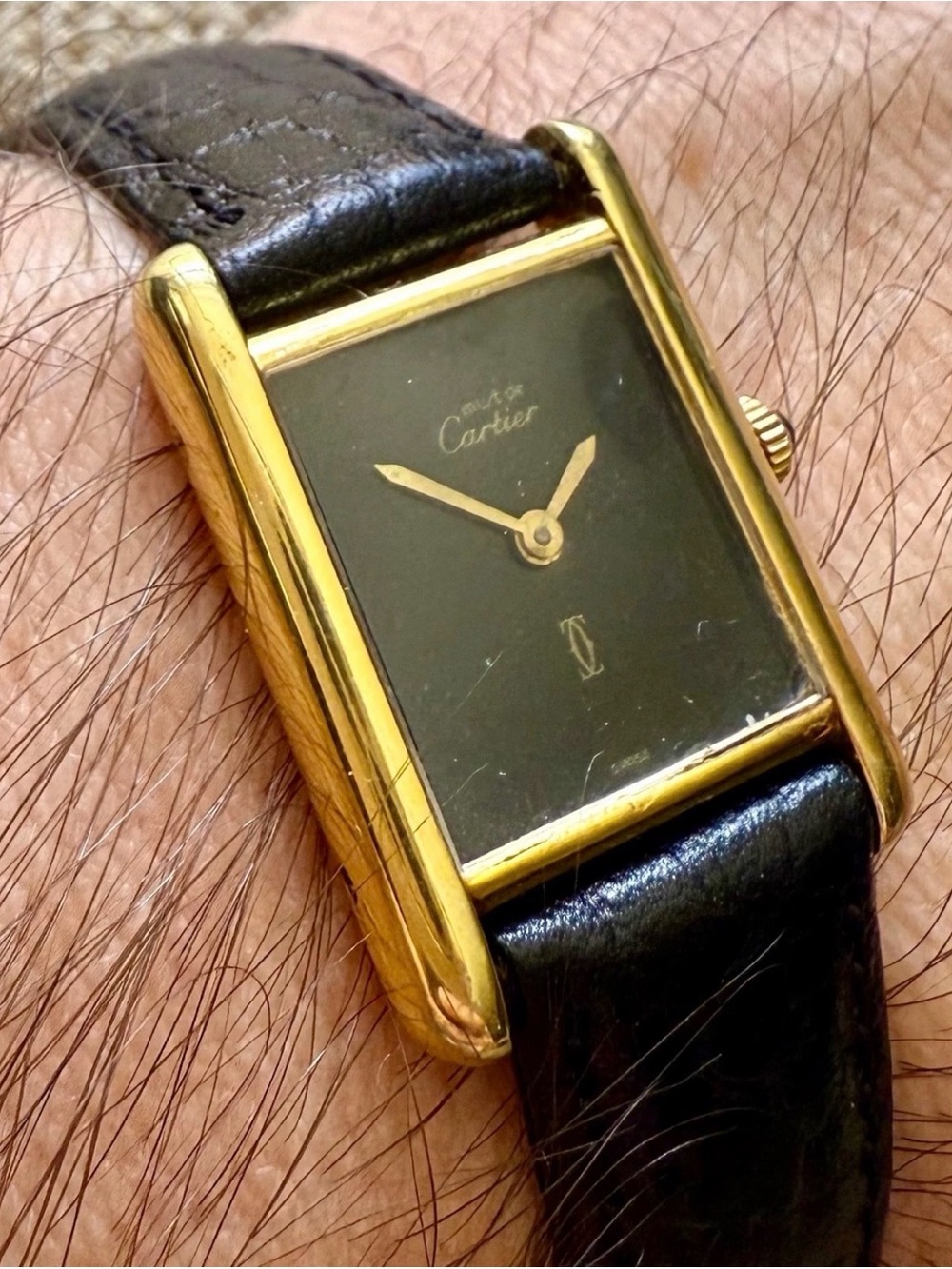 Cartier Rectangular Gold Case Black Dial Leather Strap Watch